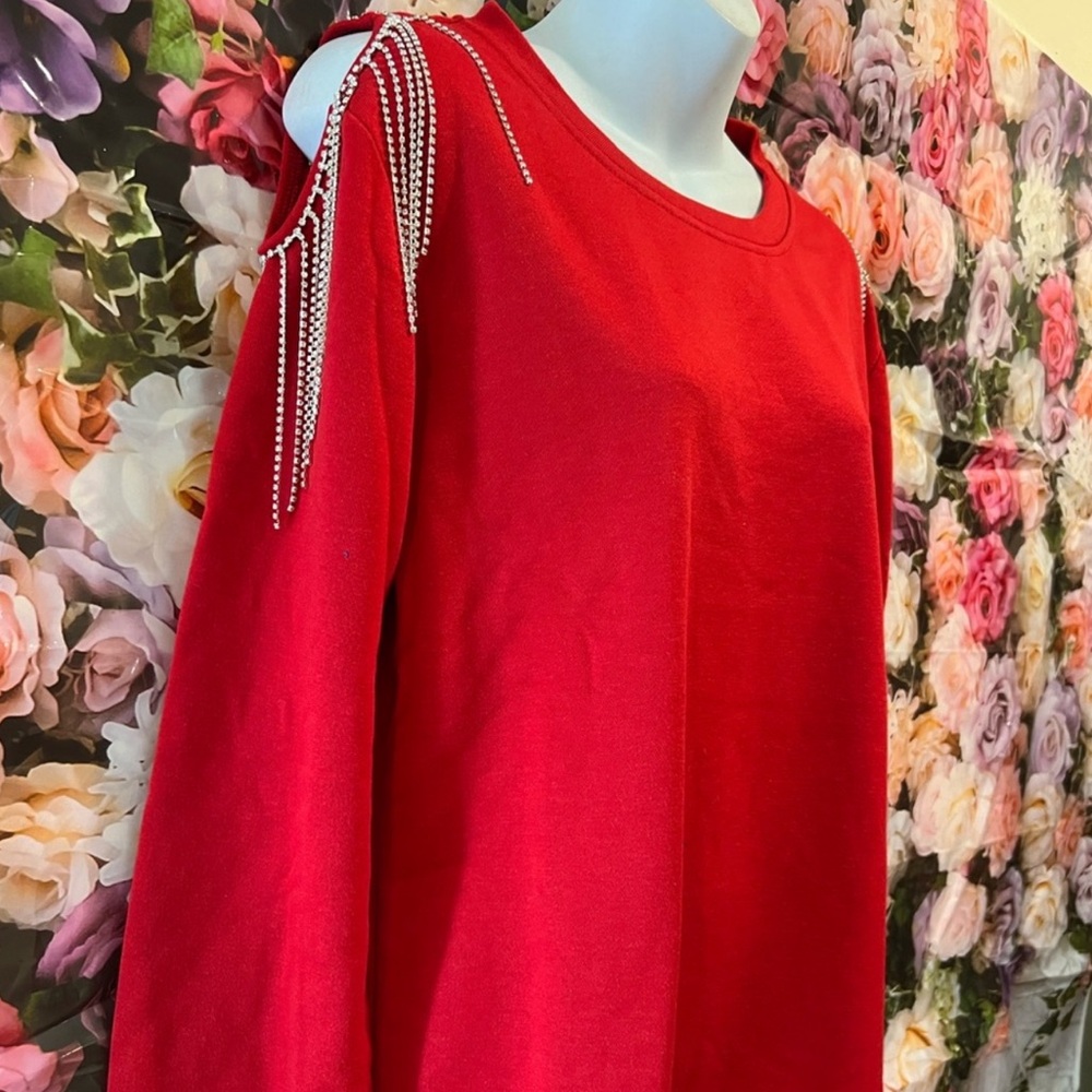 Red Cold Shoulder Top with Rhinestone Detail